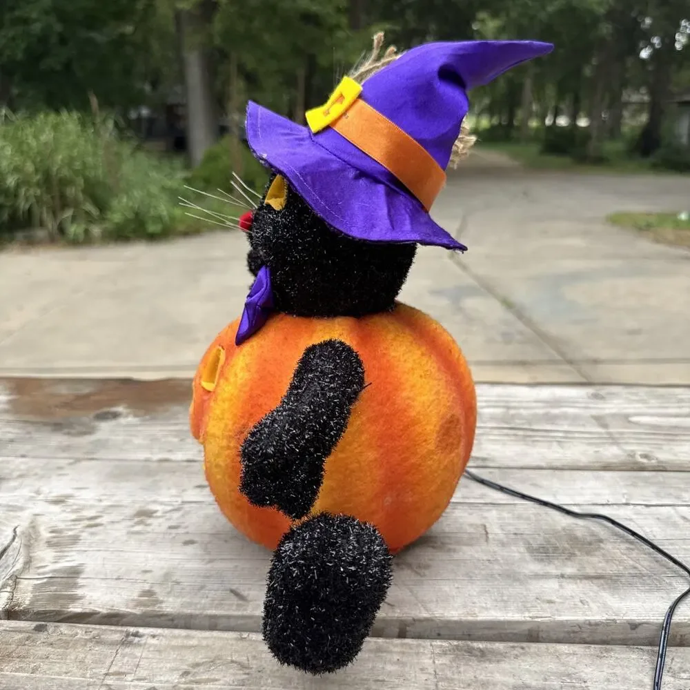 Vtg Fiber Optic Wizard Witch Black Cat Hat Jack ‘O Lantern Lighted 12” Halloween